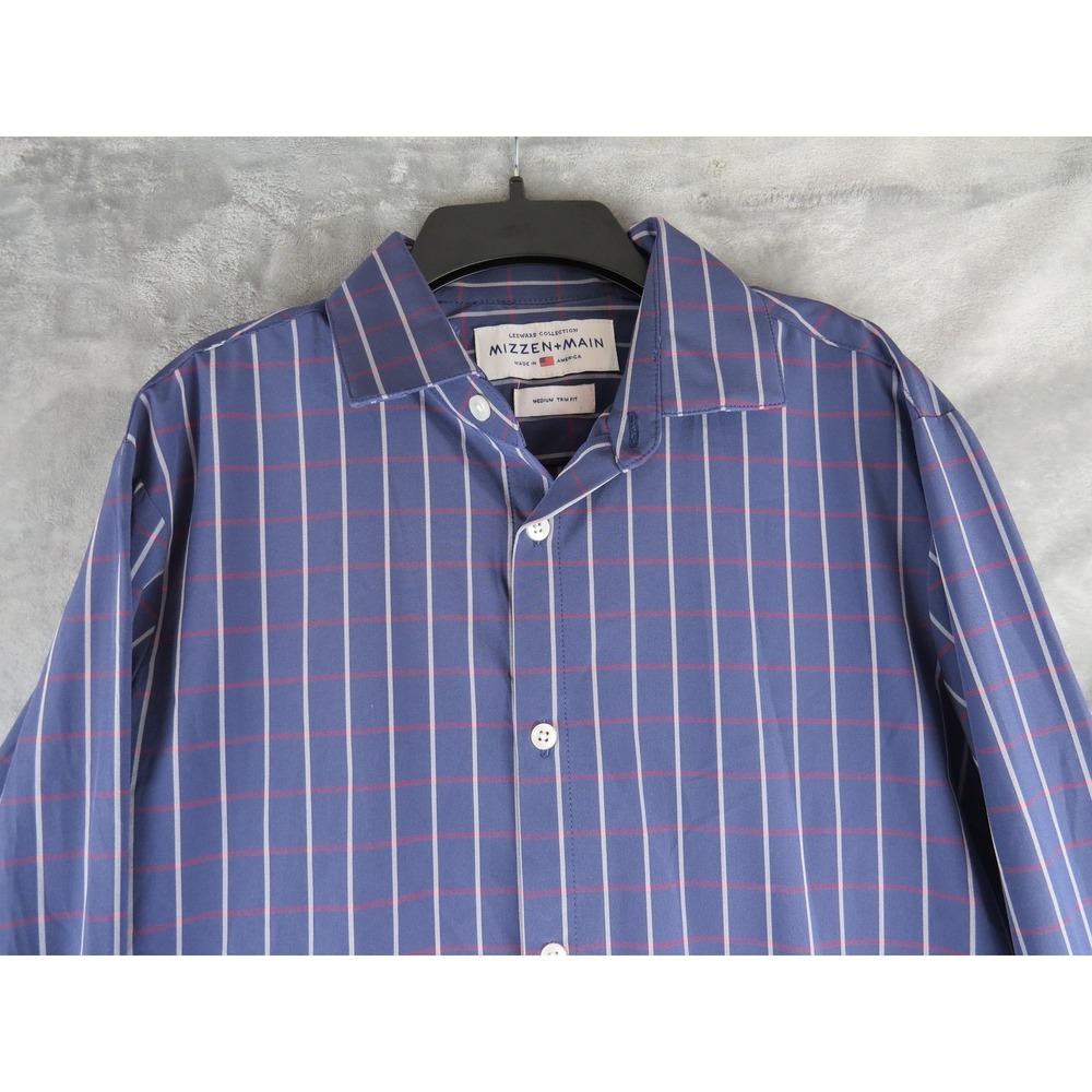 Mizzen+Main Shirt Mens Medium Blue Leeward Trim Fit‎ Made in USA Stretch Plaid